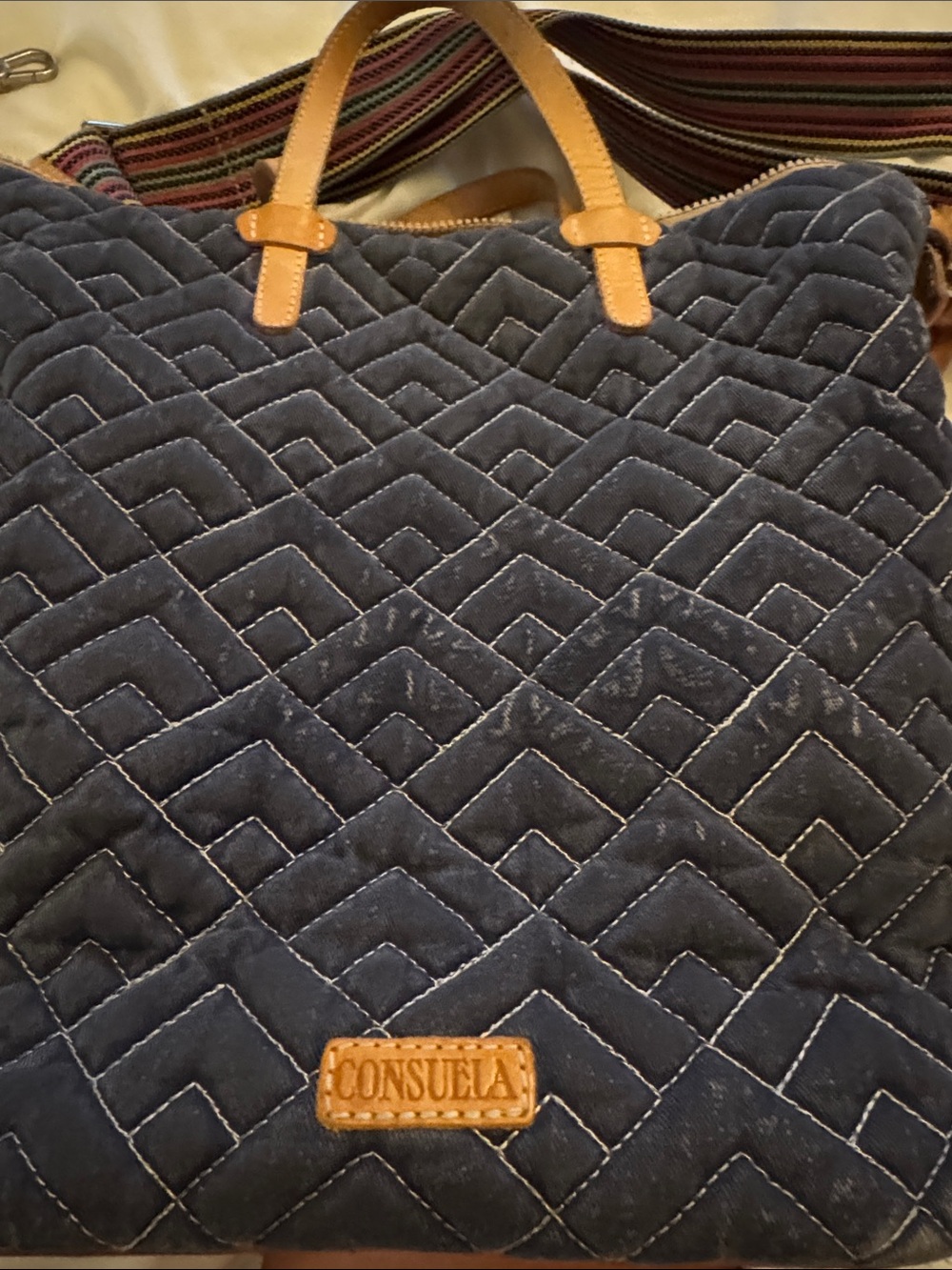 Consuela Navy Quilted bag with Tan Trim and Multicolor Strap - Picture 4 of 5